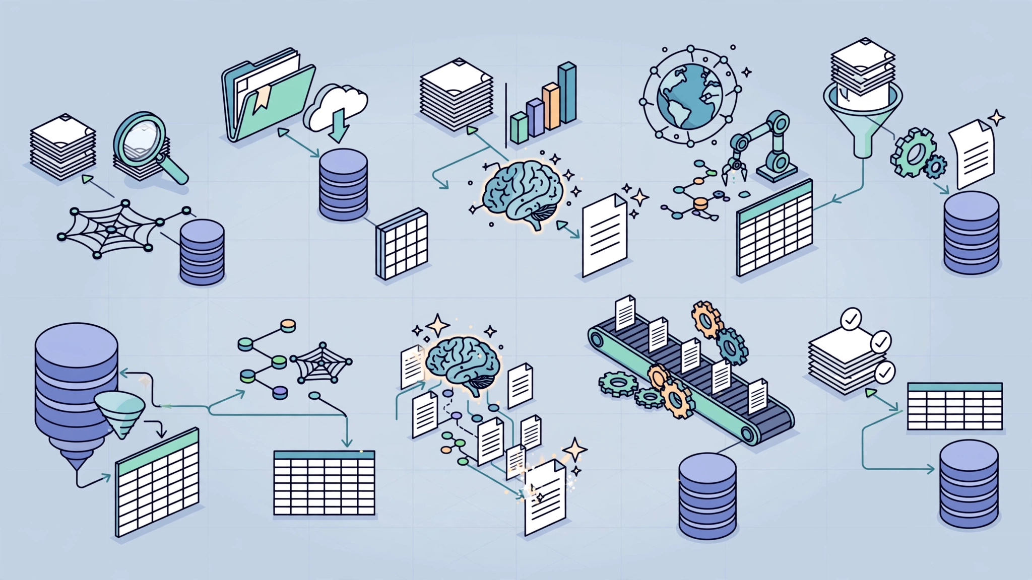 Isometric illustration of ten n8n research automation workflows with databases spreadsheets and AI brains