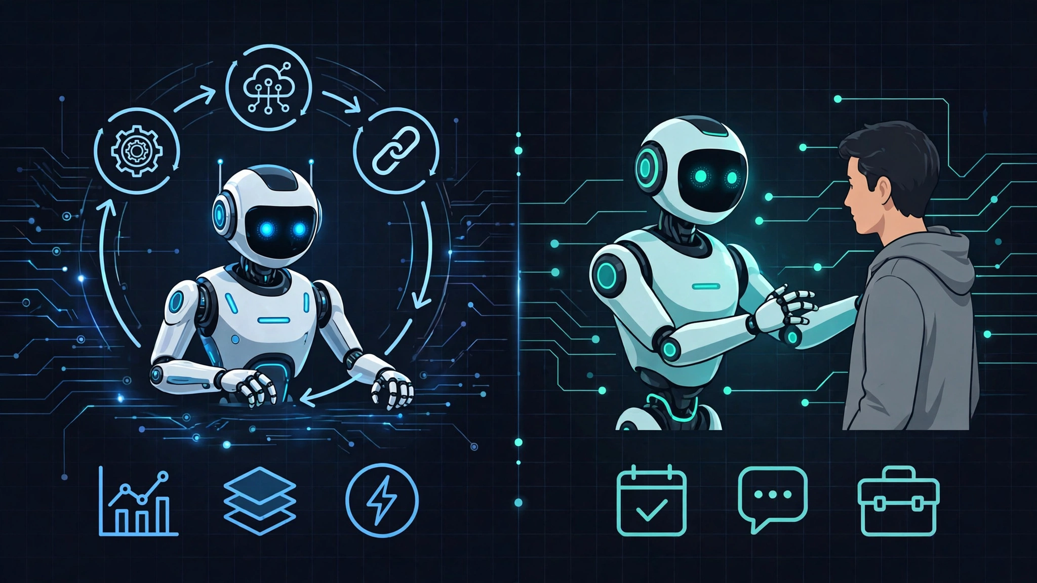 Split illustration of AI Agent autonomous workflow vs AI Assistant helping human