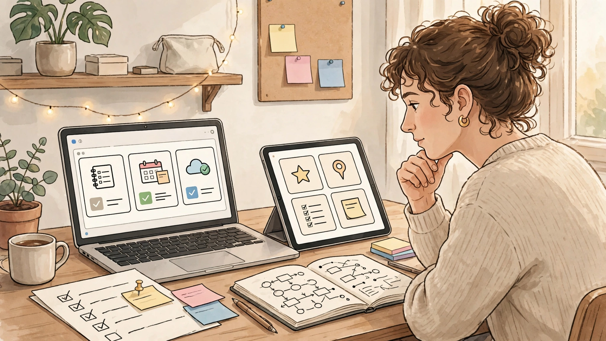 Woman comparing note-taking software options on laptop and tablet with checklist notebook and sticky notes in cozy desk setup illustration