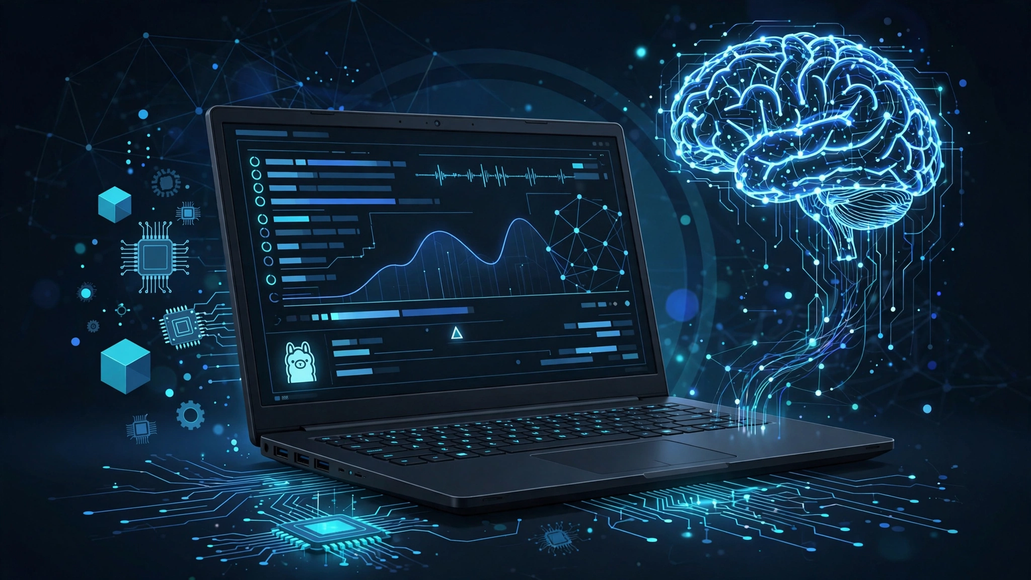 Windows laptop running Ollama local AI with glowing brain and llama icon