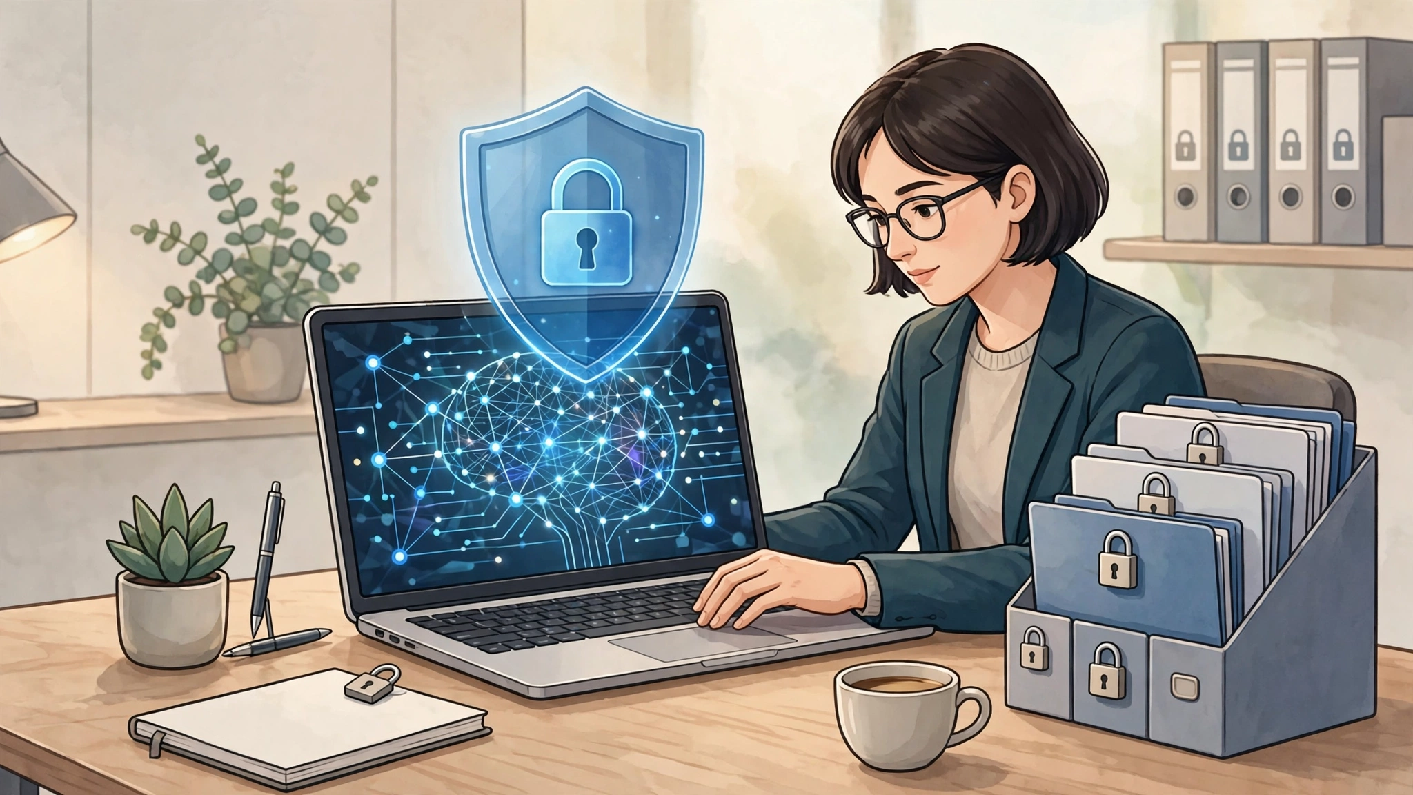 Woman working with AI on laptop protected by privacy shield with locked folders