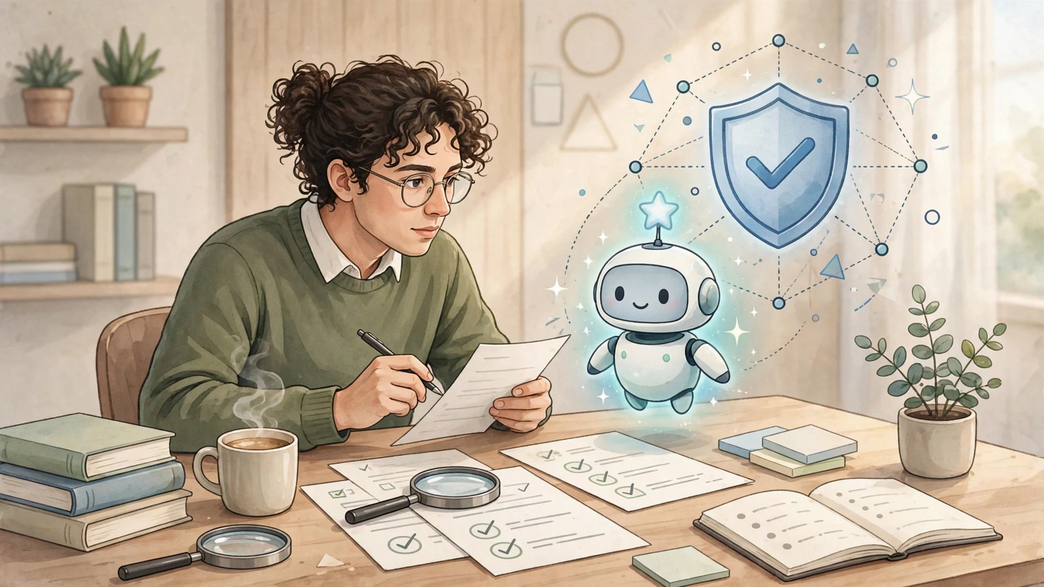 Person verifying AI research documents with magnifying glass and trust shield illustration