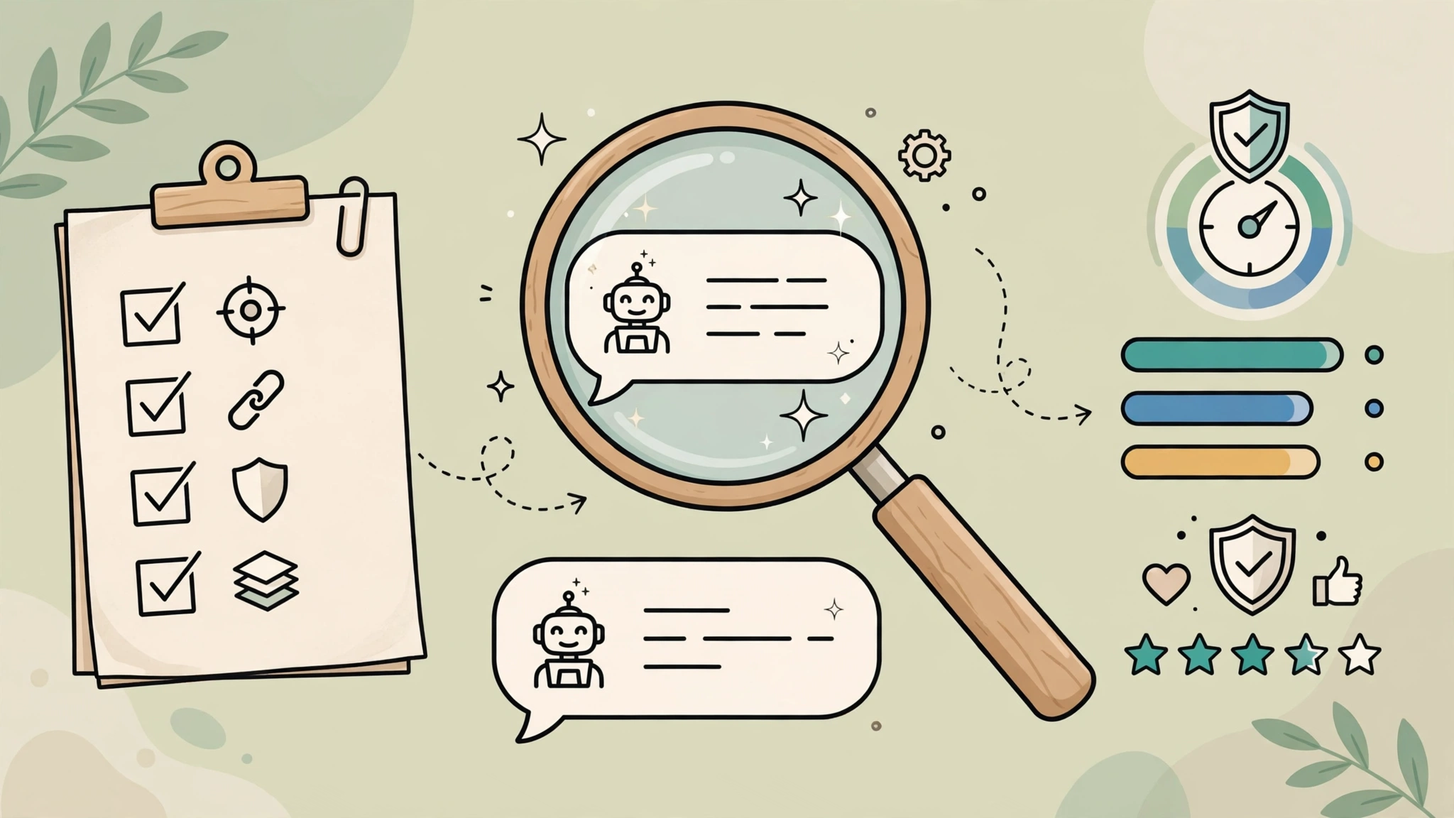 Framework for evaluating AI answers with magnifying glass checklist and trust scoring illustration
