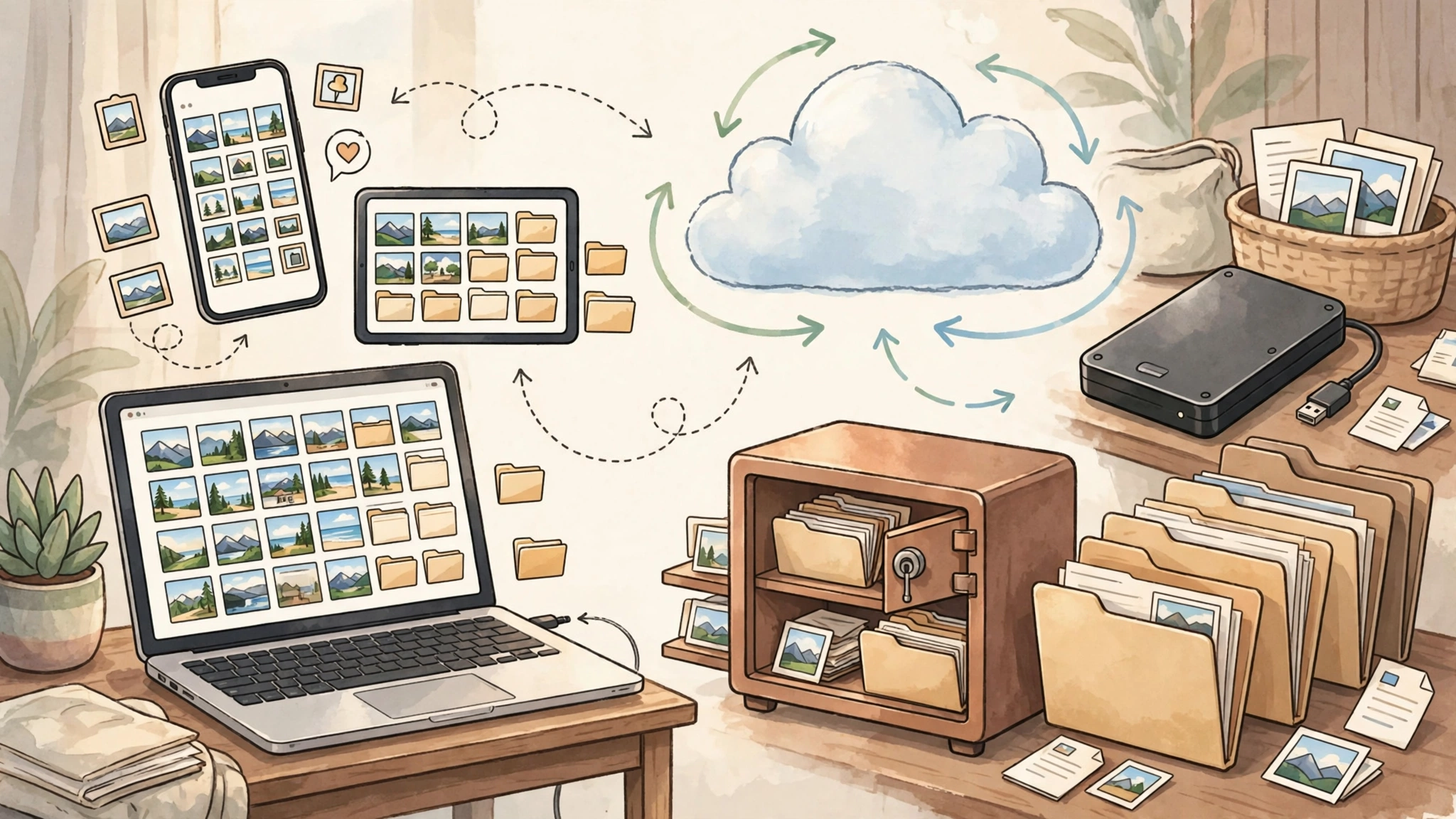 Cozy illustration showing photo and file backup flow from phone tablet laptop syncing to cloud storage then to external hard drive and safe box with folders
