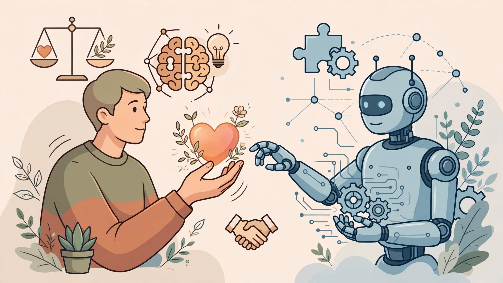 Human offering heart empathy while robot holds gears illustrating tasks needing human judgment