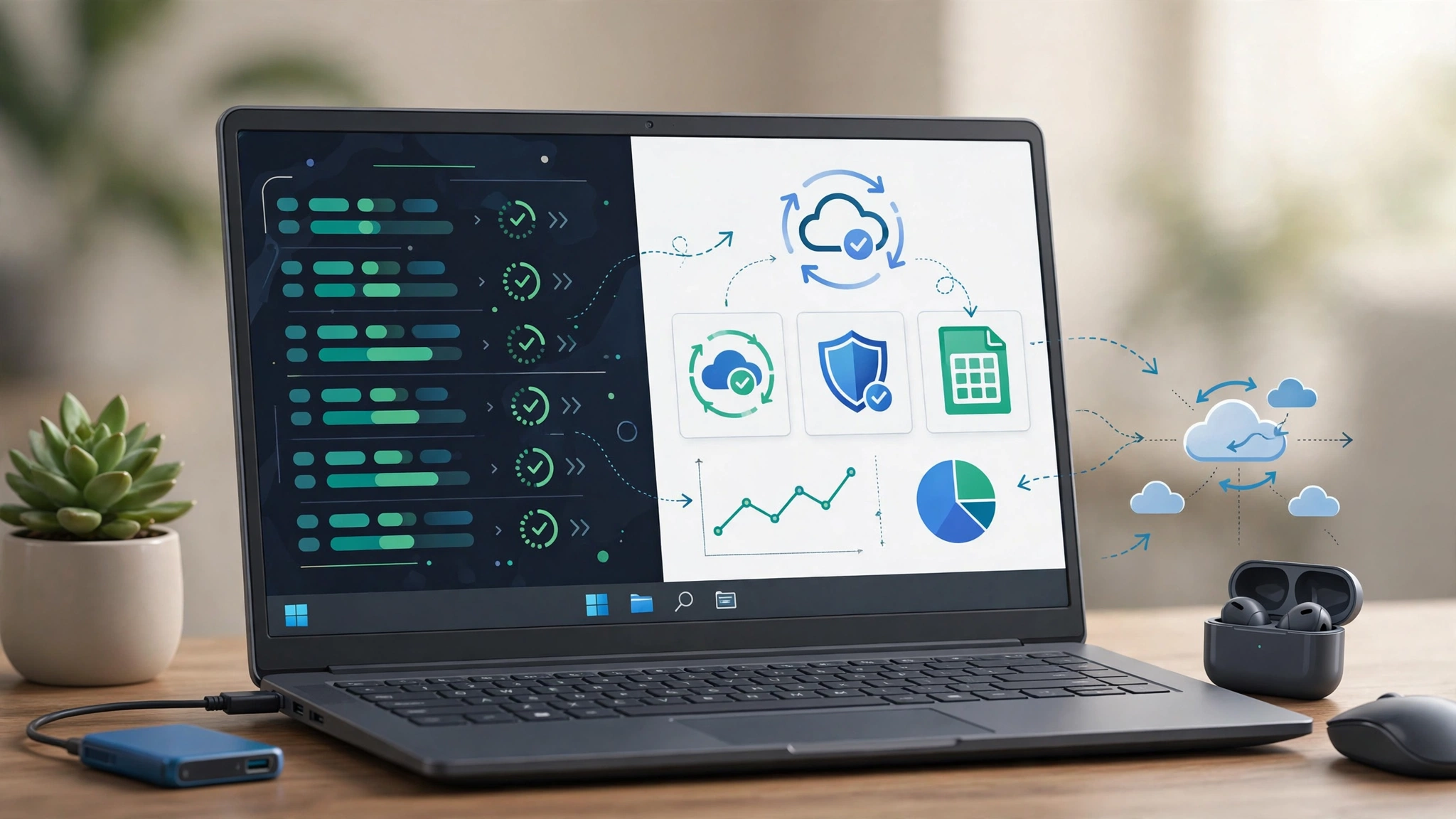 Windows 11 laptop with PowerShell backup monitoring dashboard and Google Sheets cloud sync